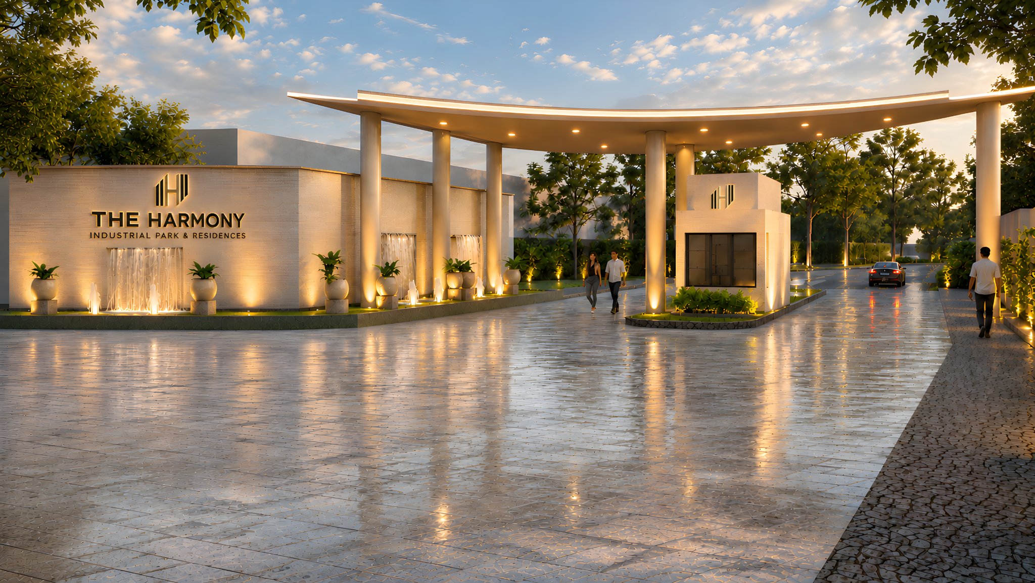 Architectural illustration of The Harmony entrance with Industrial Park & Residences signage.